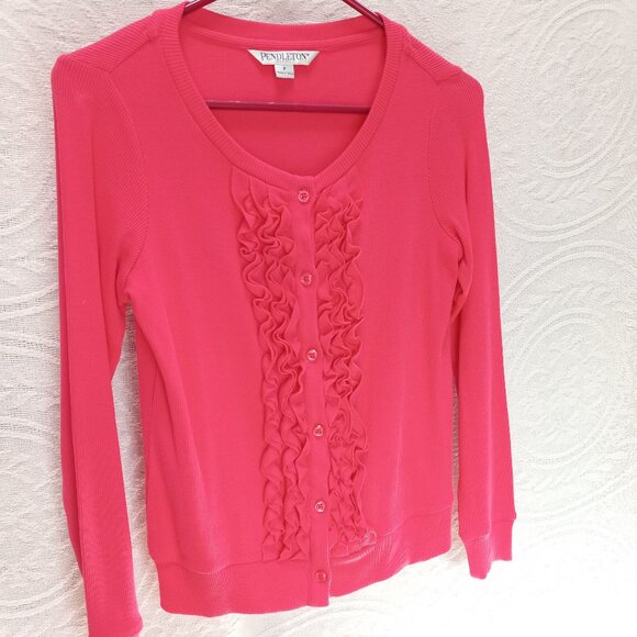 Coral Pink Ribbed Long Sleeved Shirt Ruffled Front & Buttons Size Petite (T-381) - Picture 4 of 8